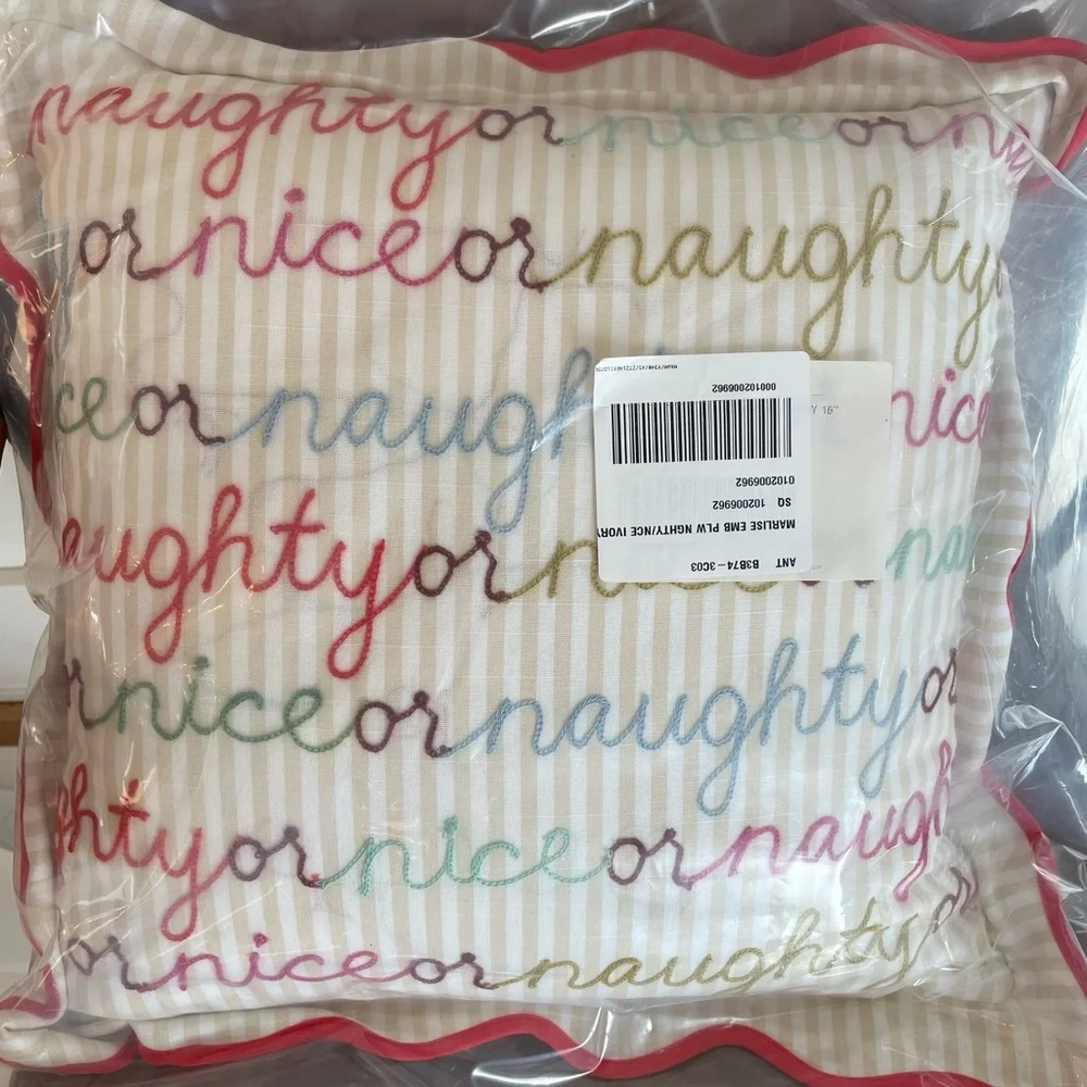 New! NWT Anthropologie Marlise Embroidered Cotton Holiday Pillow. Naughty & Nice